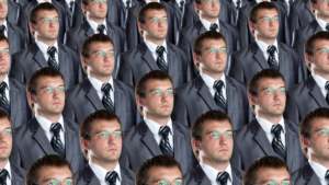 An image filled with clones of a male salesperson wearing a grey suit and tie